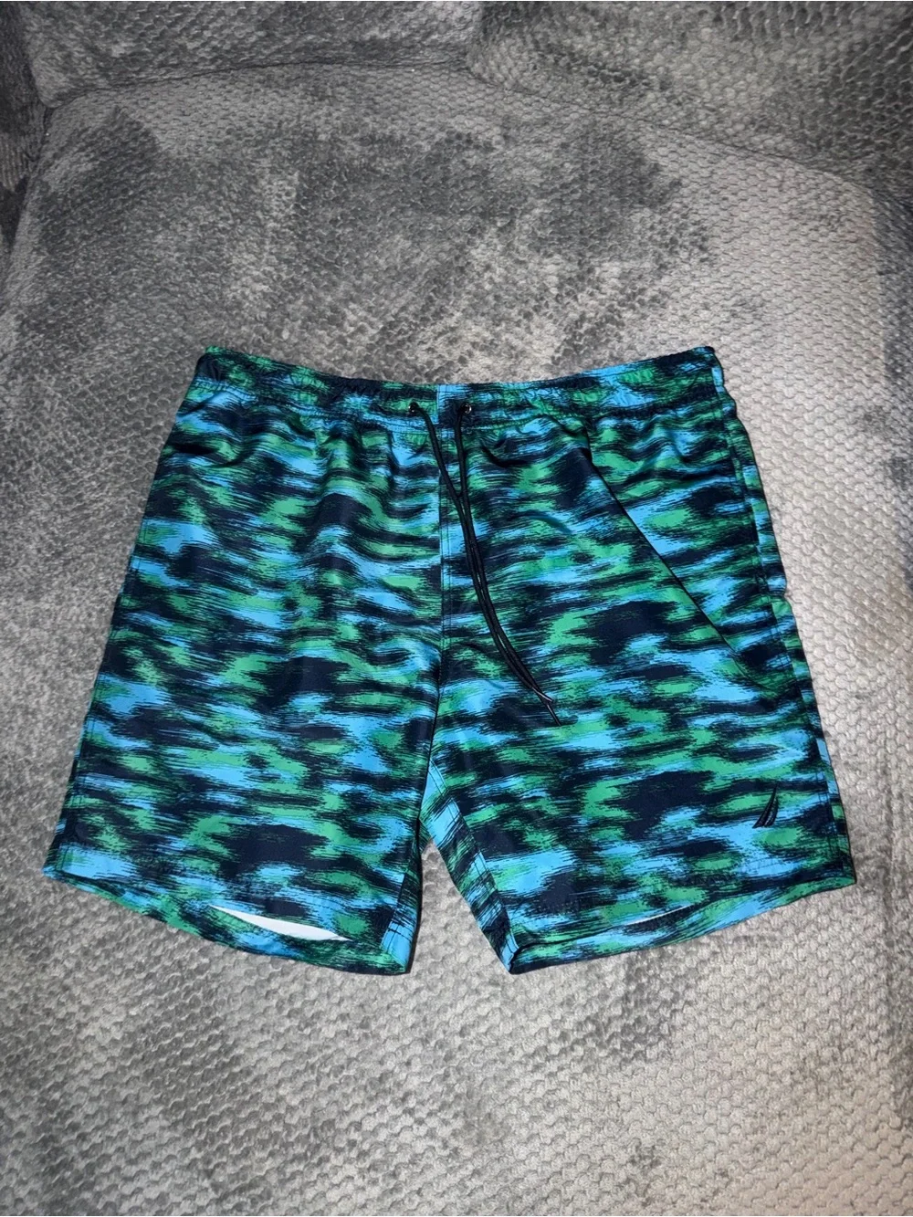 Nautica Teal and Navy Wave-Print Swim Trunks